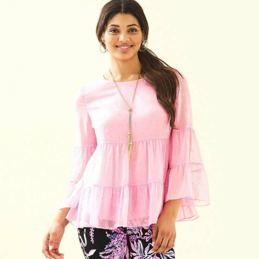NWOT Lilly Pulitzer pink and gold metallic blouse XXS